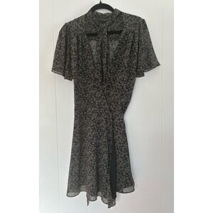 Dress Forum Black Floral Print Whimsigoth Flutter Sleeve Wrap Dress Women's S L